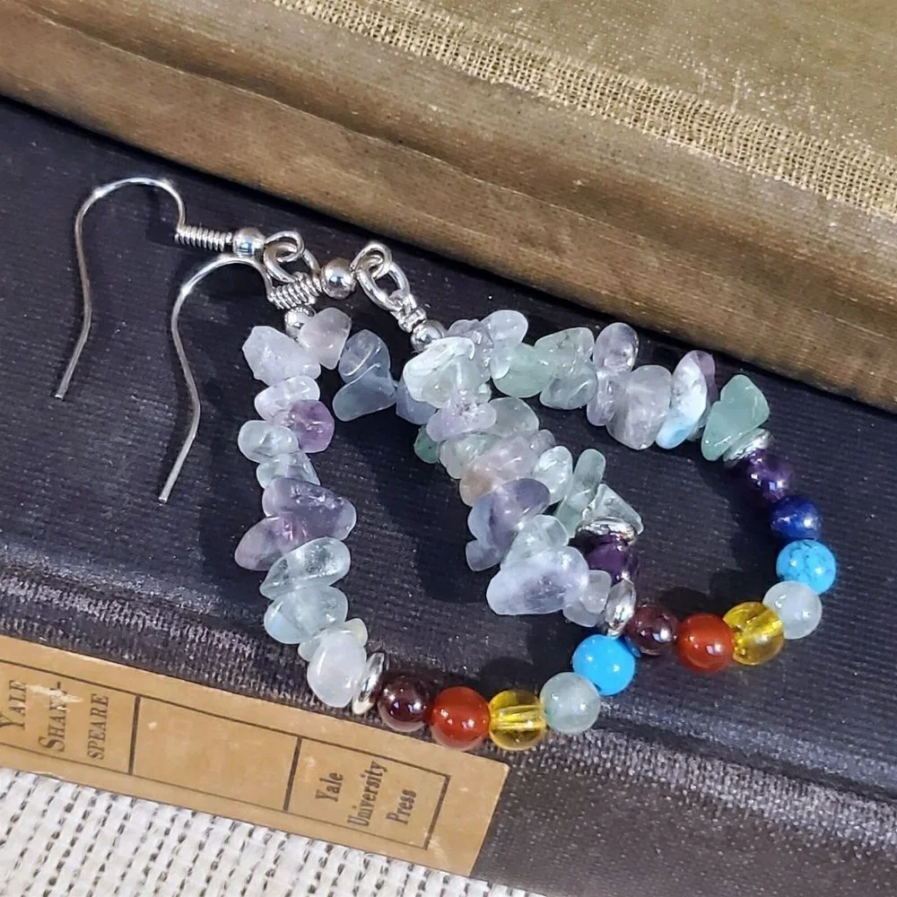 Artisan Rainbow Fluorite 7 Chakras Yoga Om Mindful Gemstone Teardrop Earrings